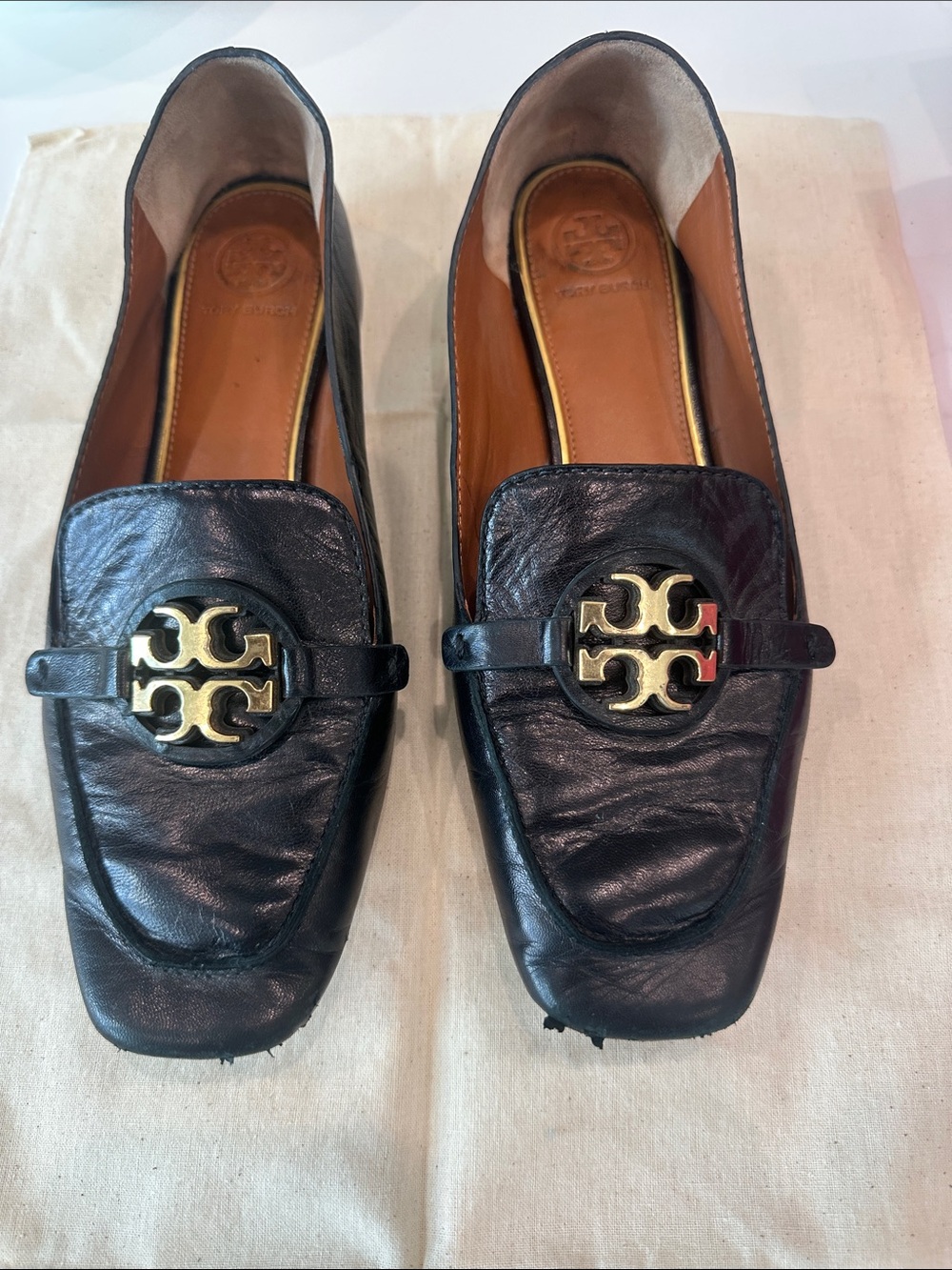 Tory Burch Black Leather Loafers with Gold Logo